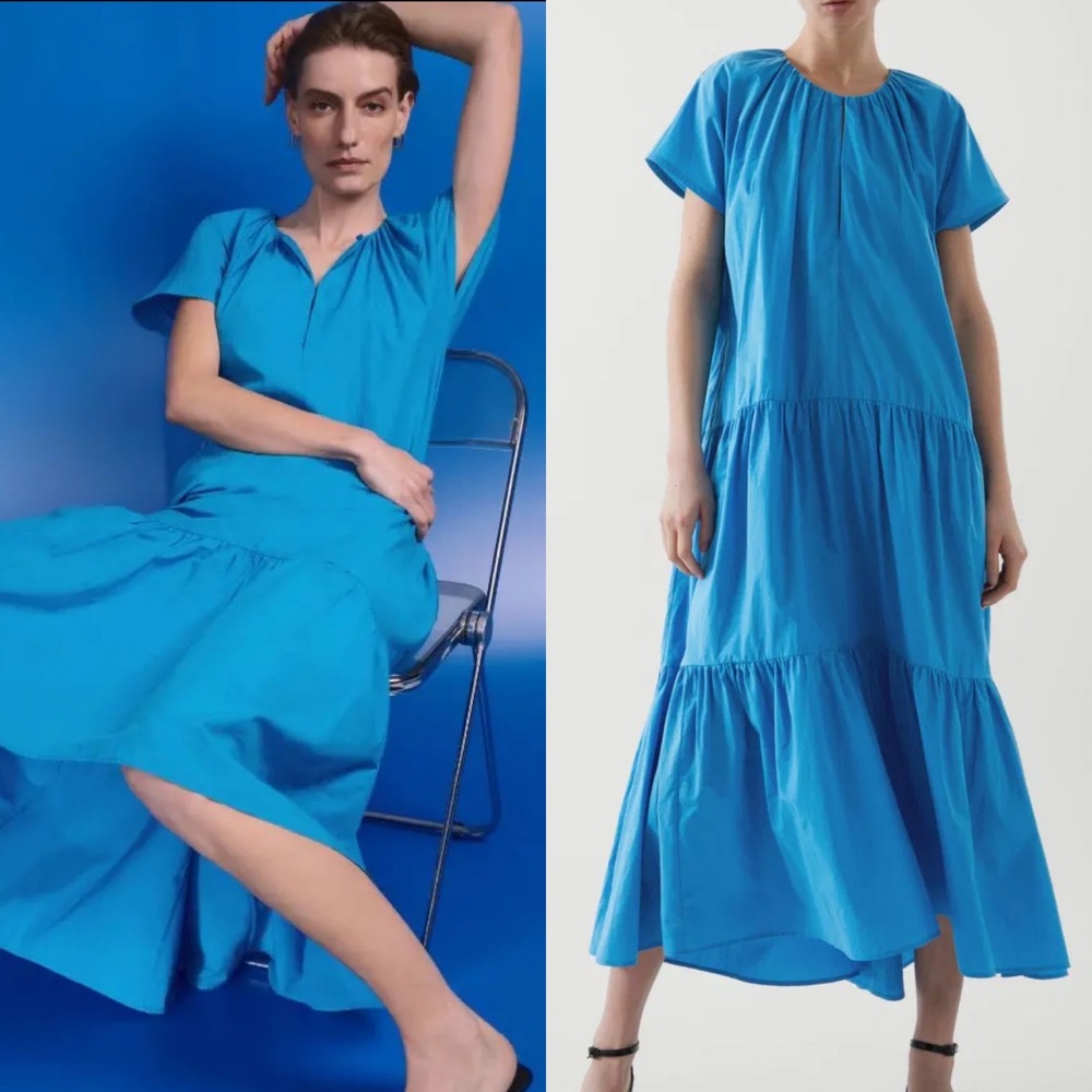 COS Blue Tiered Maxi Dress Womens Size XXS Pockets Bright Minimal Boho A-Line
